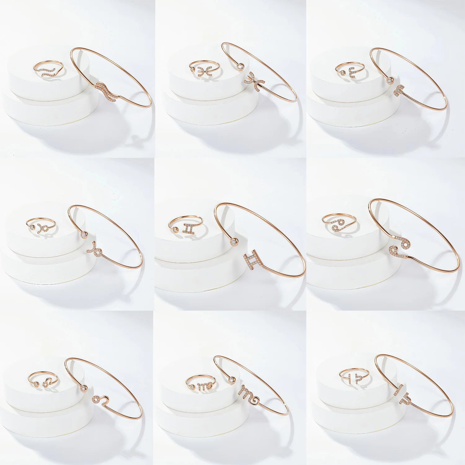 Abiding Opening Design 12 Zodiac Horoscope Bangles Ring Set 925 Silver Rose Gold Plated 12 Constellations Moissanite Ring Bangle