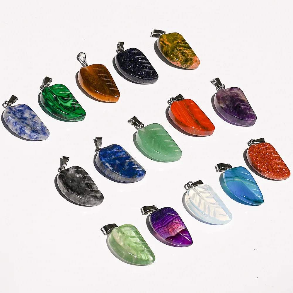 Natural Leaf Shape Carved Loose Gemstone Pendant Crystal Tree Leaf Beads Charms for DIY Jewelry Making Healing Crystal Gifts