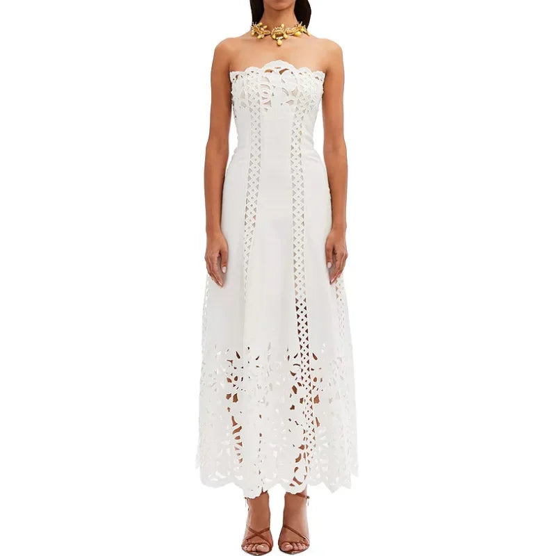 Clothes Wholesale Factory Custom Summer Women Fashion Loose Printed Strapless Floral Cutout Casual Long Elegant Dresses