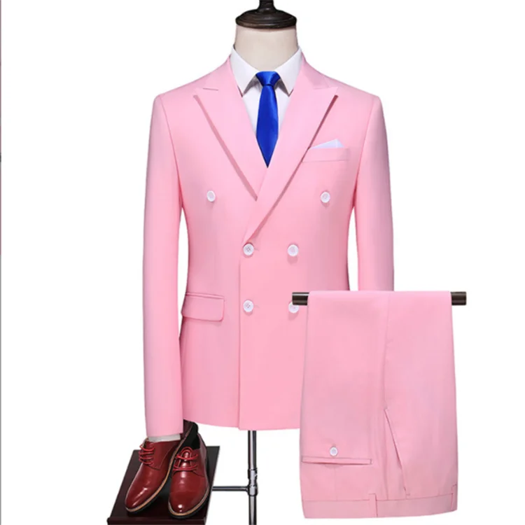 Men's Double-breasted Two-piece Solid Color Slim Suits Jacket Pants Wedding Suits