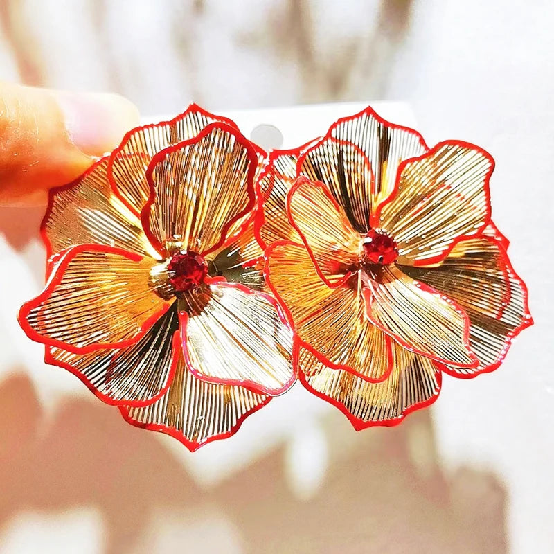 KAIMEI 2025 New Arrival Fashion Jewelry New Summer Filigree 18K Gold Plated Floral Earrings Red Rhinestone Flower Metal Earrings
