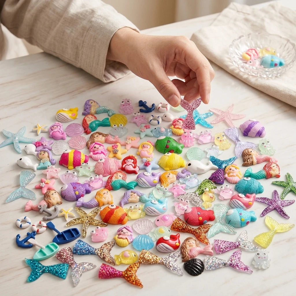 100pcs Kid Toy Mermaid Cabochon Resin Cartoon Slime Charms Sea Creatures Animals Flatback Scale Baby DIY Ornament Manufacturer