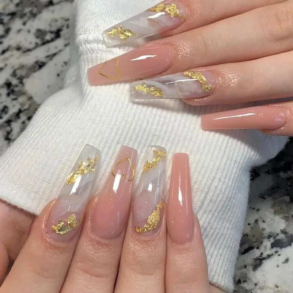 Wholesale High Quality extra Long pink Gold Powder Press on Fake Nails Designed Full Cover Custom logo Fake Press on Nails