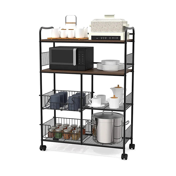 Dish Bowl Cup Spoon Storage Basket Metal Wooden Trolley 4 Tier Wheel Kitchen Rack Kitchen Vegetable Storage Organizer