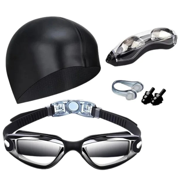 Waterproof Swimming Goggles With Ear Plug and Caps Sets No Leaking Anti Fog UV Protection Safety Glasses Swim Cap for Adults