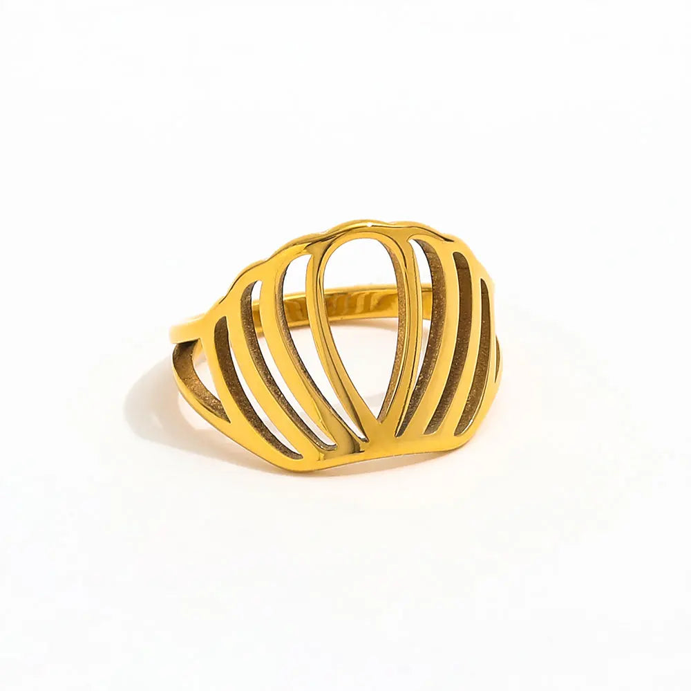 High End 18K Plain Gold Hollow Crown Chunky Band Ring Stainless Steel Trendy Simple Gold Plated Jewelry