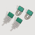 Personalized Niche Silver Metal With Peacock Green Square Zirconia Tassel Chain Geometric Earrings