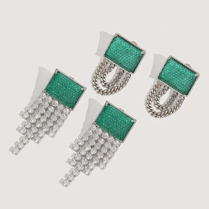 Personalized Niche Silver Metal With Peacock Green Square Zirconia Tassel Chain Geometric Earrings