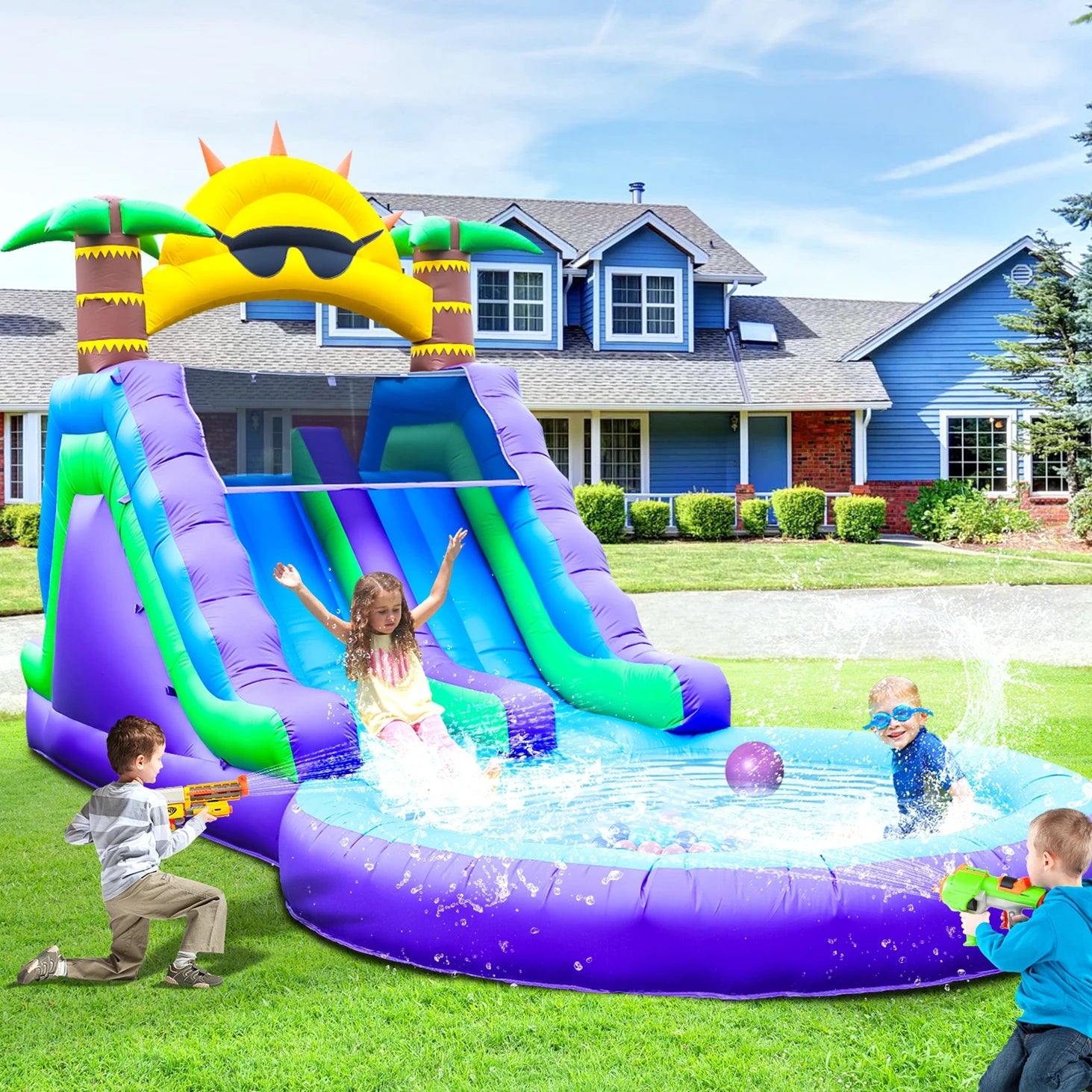 26x12x14FT Commercial PVC Double Lane Inflatable Slides Plam Tree Outdoor Backyard Dry Wet Inflatable Water Slide with Blower