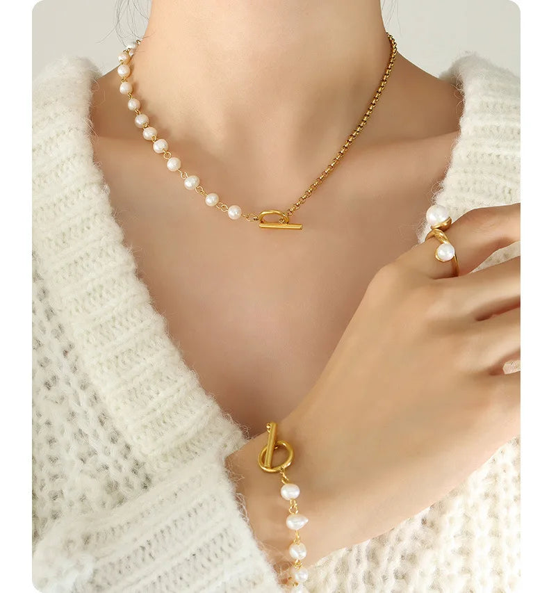 Wholesale Hot Sale 18k Gold Plated Fashion Pearl Necklaces Bracelet Jewelry Set for Women