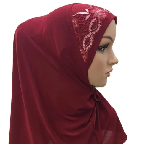 Muslim Fashion Hijab Lace Applique Head Wrap Scarf Shawl Women One Piece 60x60cm