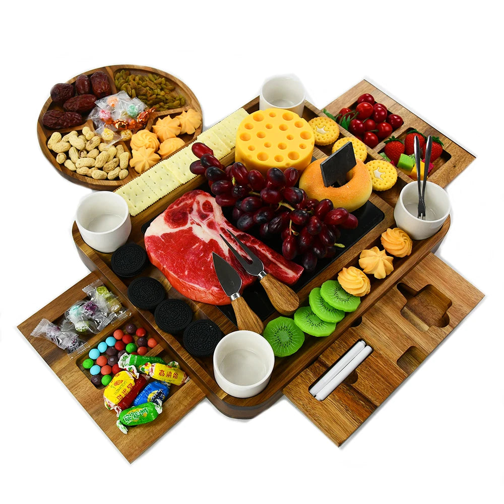 2026 Sustainable Eco-Friendly Rectangle Acacia Wood Marble Cheese Board Set with 3 Drawers Durable Charcuterie Serving Board