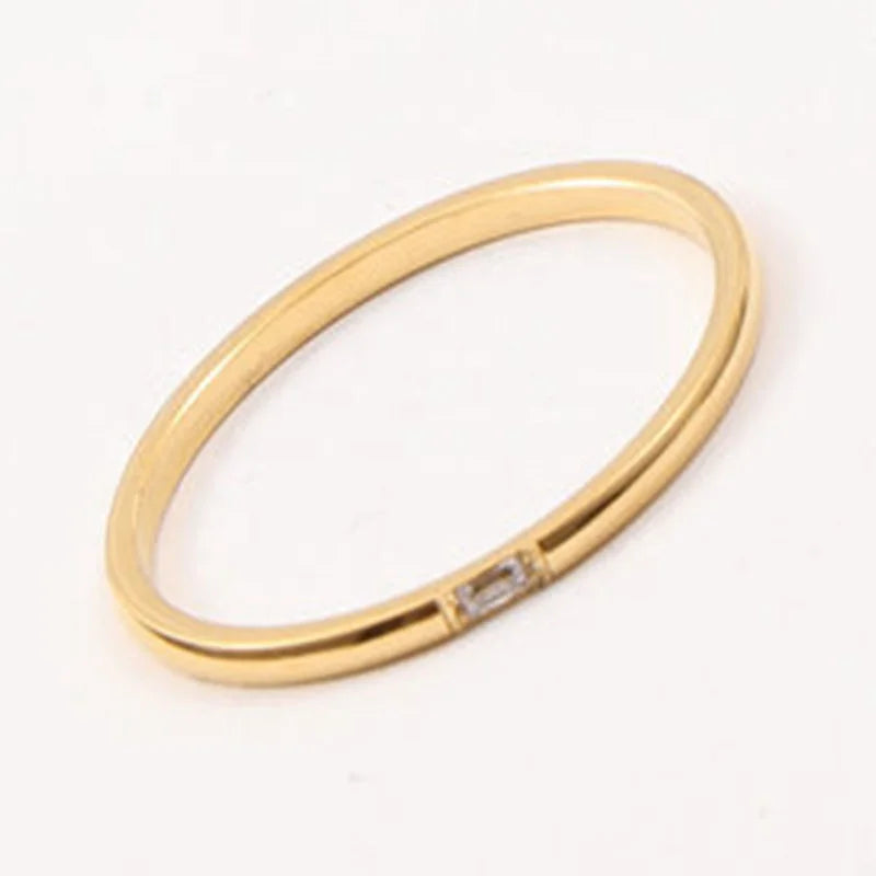New Arrivals Women Fashion Minimalist Design Jewelry 18k Gold Plated Stainless Steel Thin Inlay Rectangle Cubic Zircon Ring