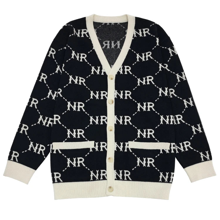 Autumn Winter Provide Custom Logo Men's Dropped Shoulder Casual Letter Style Knit Sweater Cardigan