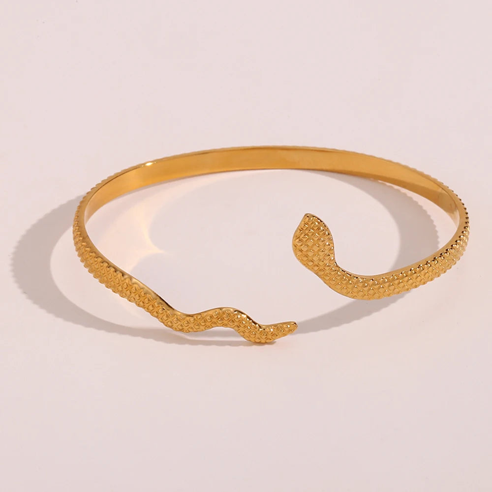 Guarantee Dreamshow 18K Gold Plated Open Adjustable Texture Snake Fashion Bangle Bracelet Tarnish Free Stainless Steel Jewelry