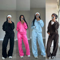 Casual Two-Piece Set Zip-Up Hoodie Sports Loose Streetwear Solid Top and Trouser Set for Women Daily Wear