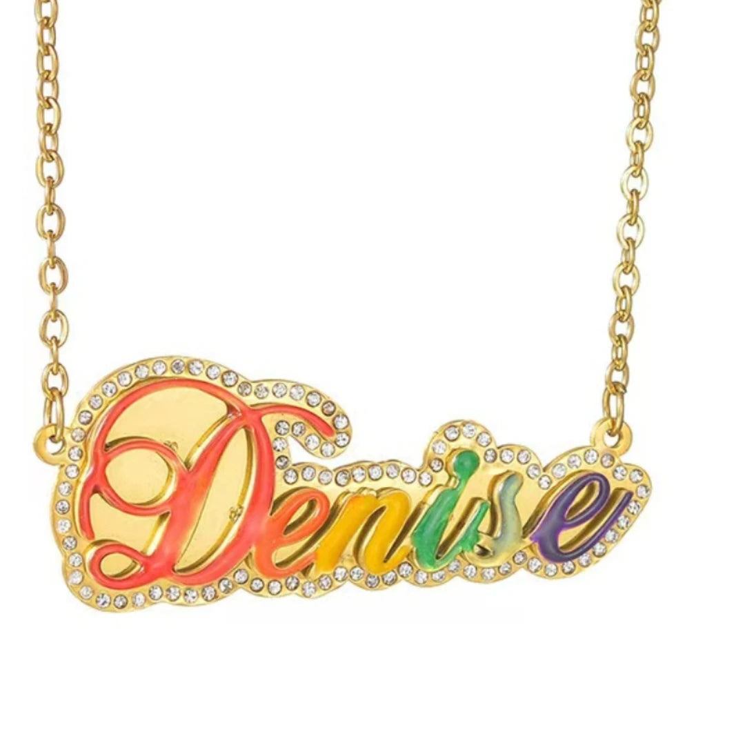 Qiuhan ODM Stainless Steel Double Rhinestone Letter Pendant Custom Colorful Enamel Name Necklace