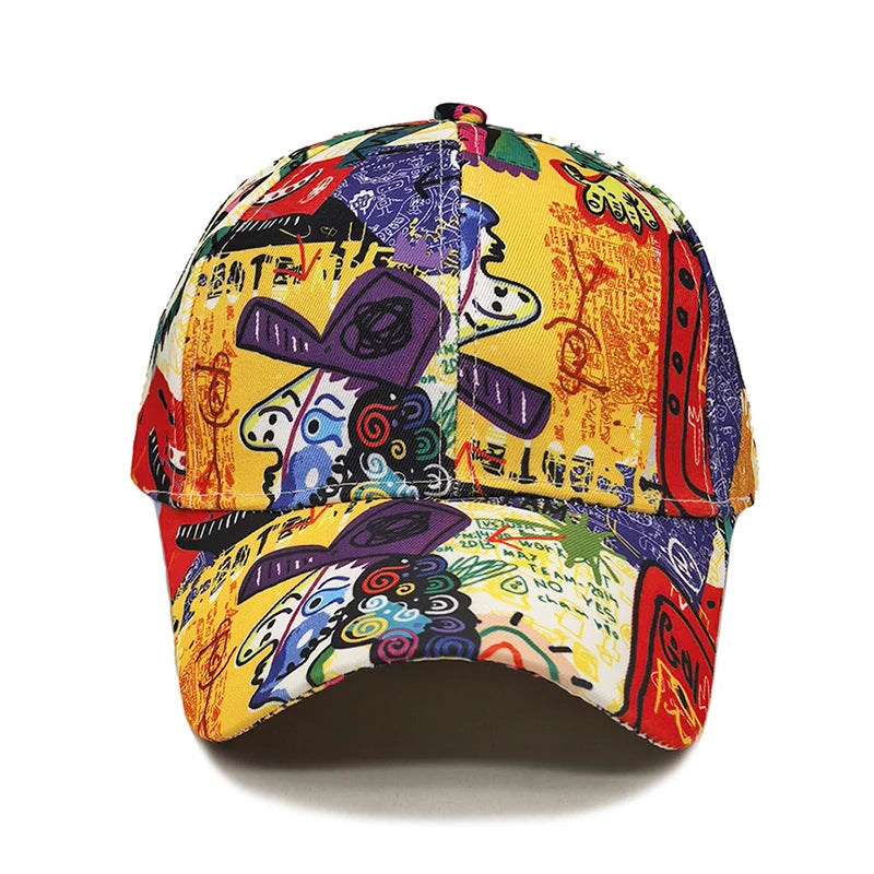 Landfond Men Women Ladies Outdoor Hip-hop Summer Color Blocking Graffiti Pattern Print Cotton Canvas Baseball Cap Dad Cap Hat