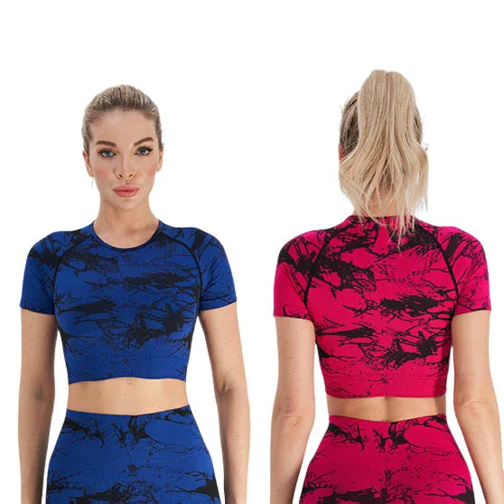 Tie Dye Embroidery Women's Yoga Crop Top High Elastic Quick Dry Gym Short Sleeve Slim Fit OEM ODM Fashion Design Running Shirts