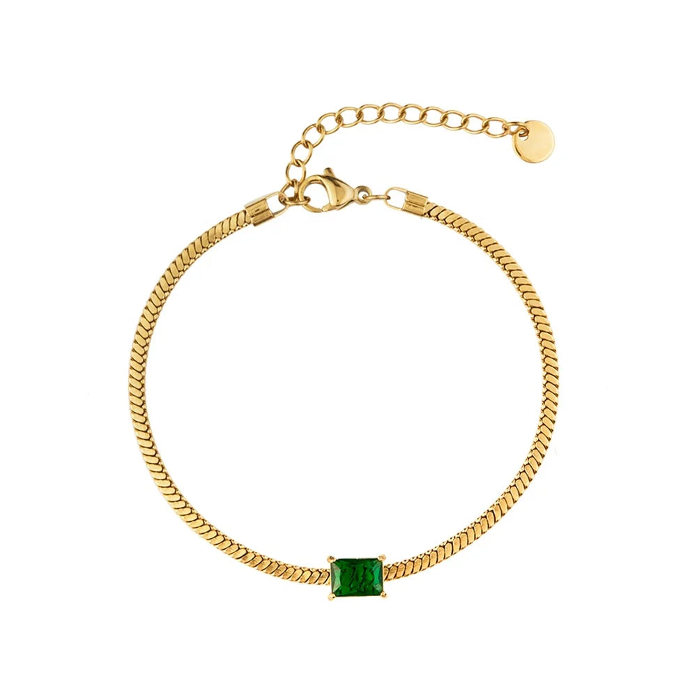 Latest 18K Gold Plated Stainless Steel Jewelry Snake Chain Colorful Square Zircon Charm for Women Party  Bracelet B222324