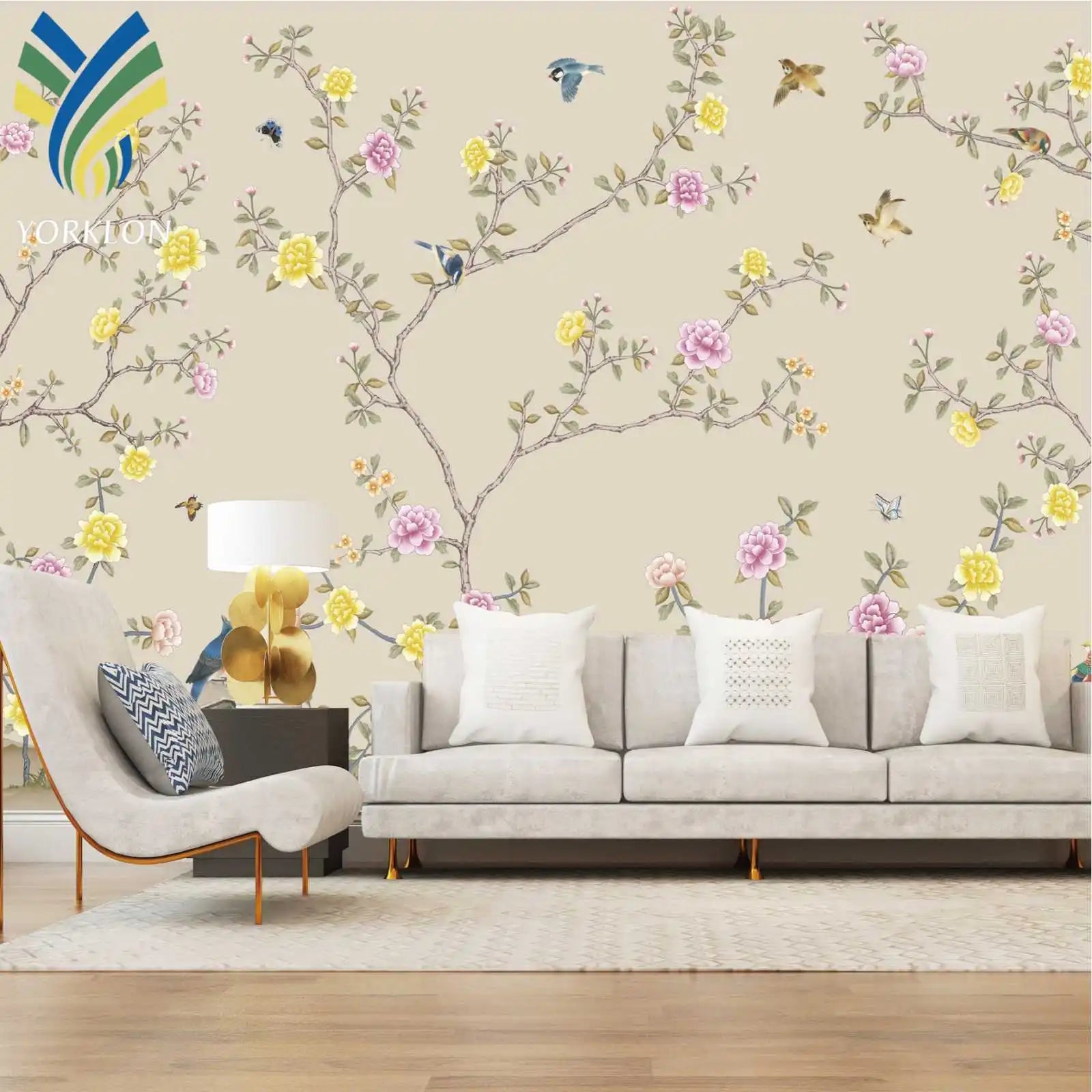 YKML 151 Custom Modern Design Waterproof Silk Hand Painted 3D Bird Flower Gold Floral Mural Chinoiseris Wallpaper for Wall Decor