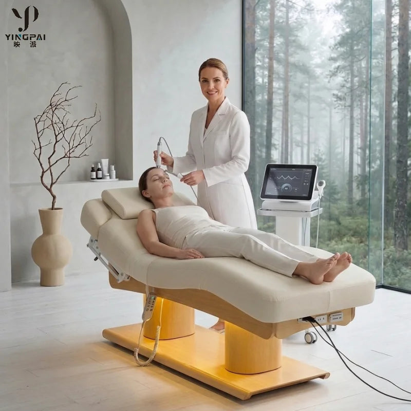 Luxury Salon Furniture Synthetic Leather White Gold Electric Facial Cosmetic Beauty Massage Bed 4 Motors Hotel DMC15