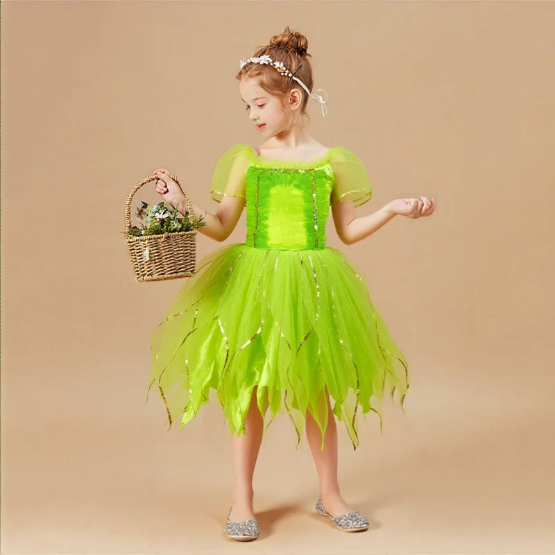 Pretty Girl Princess Costume Birthday Party Clothes Fairy Green Elf Dress for Girls