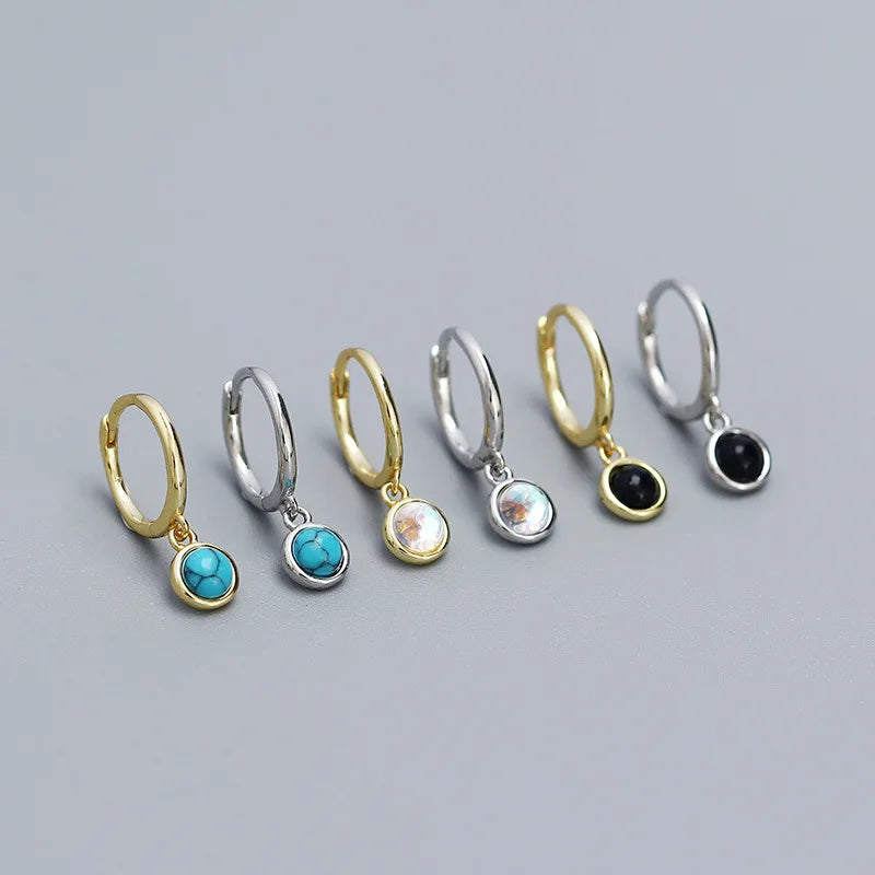 Fashion Niche Layered S925 Silver Inlaid Moonstone Black Agate Blue Turquoise Ins Minimalist Temperament Earrings