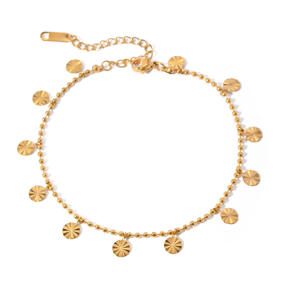 18K Gold Plated Stainless Steel Foot Jewelry for Women Bead Chain Petal Disc Pendant Anklet