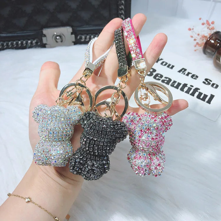 Korean Cute Crystal Wallet Keychain Car Key Chains Metal Full Rhinestone Bear Keychains Accessaries for Women Jewelry