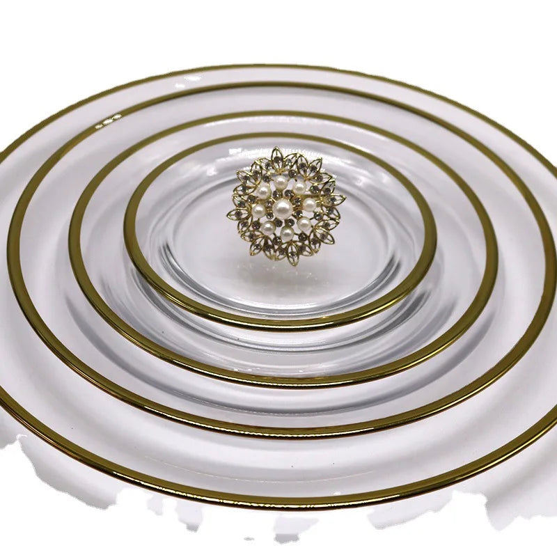 Northern Europe Style 6 9 10.5 12.5 Inches Golden Plated Rim Plat Clear Glass Plates for Wedding Table