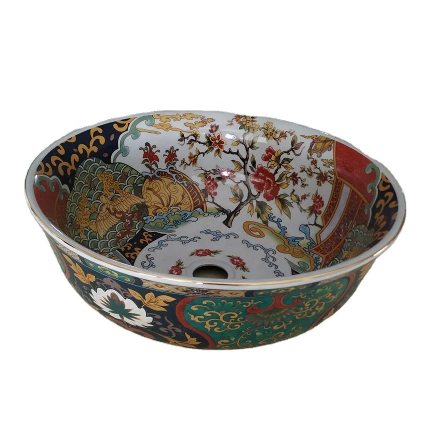 Modern Luxury Design Famille Rose Ceramic Art Basin Table Top Mounted Water Resistant Eco-Friendly 3-Year Warranty Bathroom Sink
