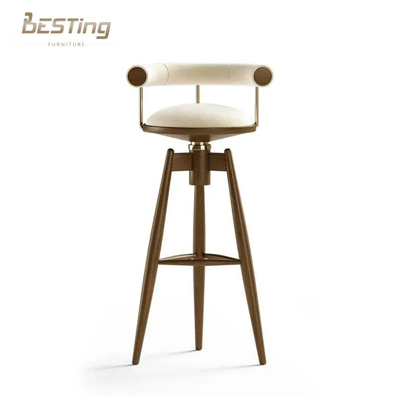 Luxury Modern Solid Wood Rotating Bar Chair Velvet Fabric Curved Backrest Metal Frame Dining Hotel Stool