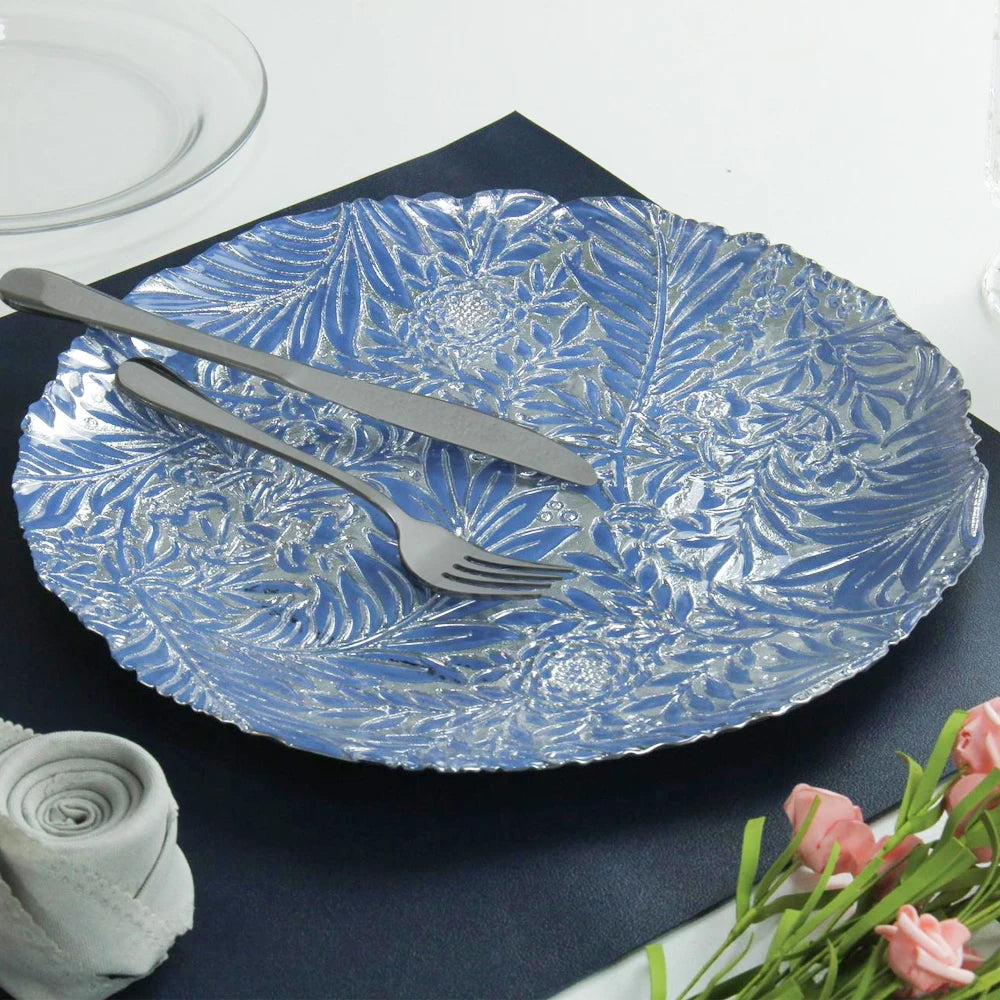 Wholesale Glass Tableware Irregular Blue Green With Silver Leaf Pattern 13Inch Glass Charger Plate for Wedding Dinning Table