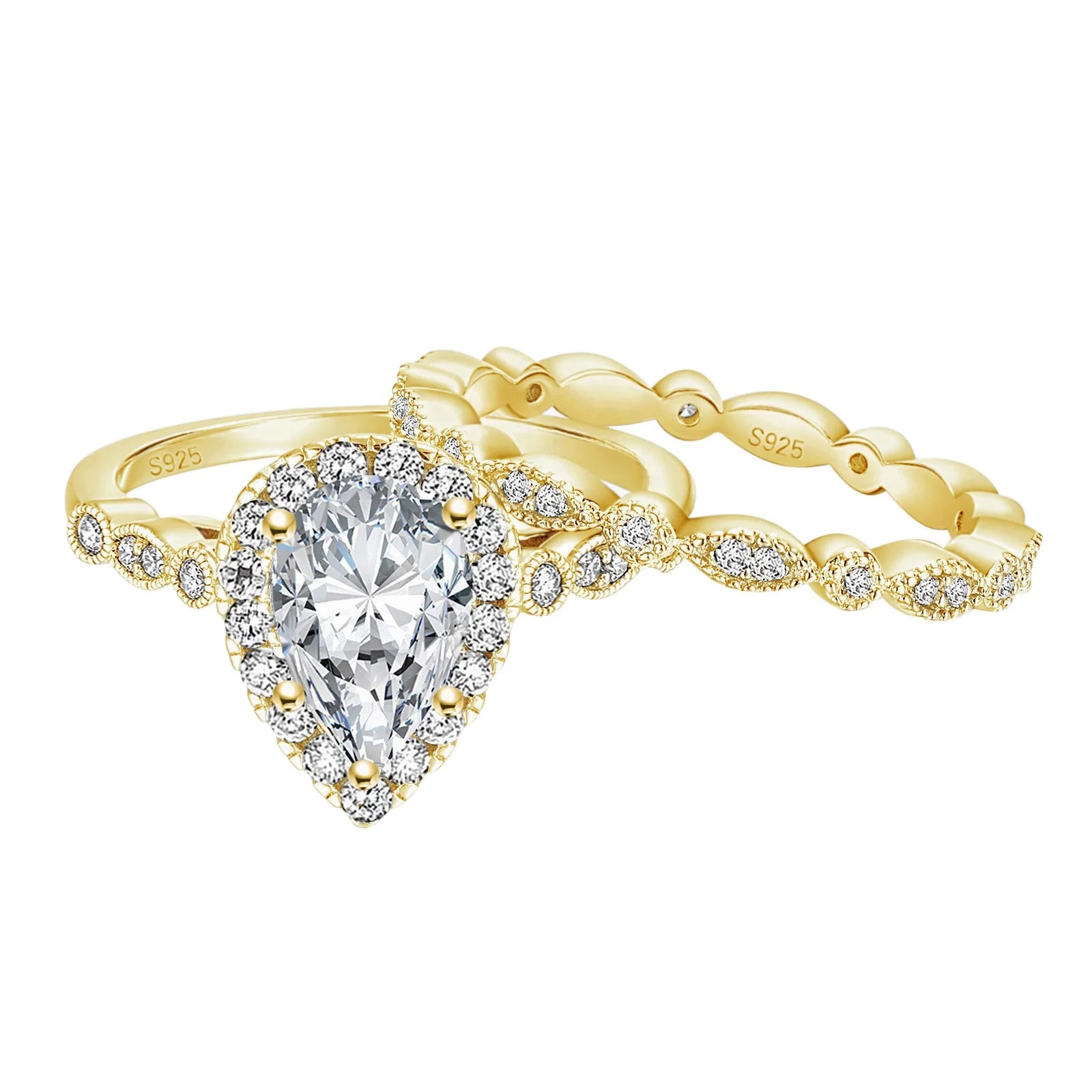 OAHLAN Women 925 Sterling Silver Ring Zircon Wedding Ring Set Pear Bridal Set Engagement Ring Promise Jewelry Lover's Gifts