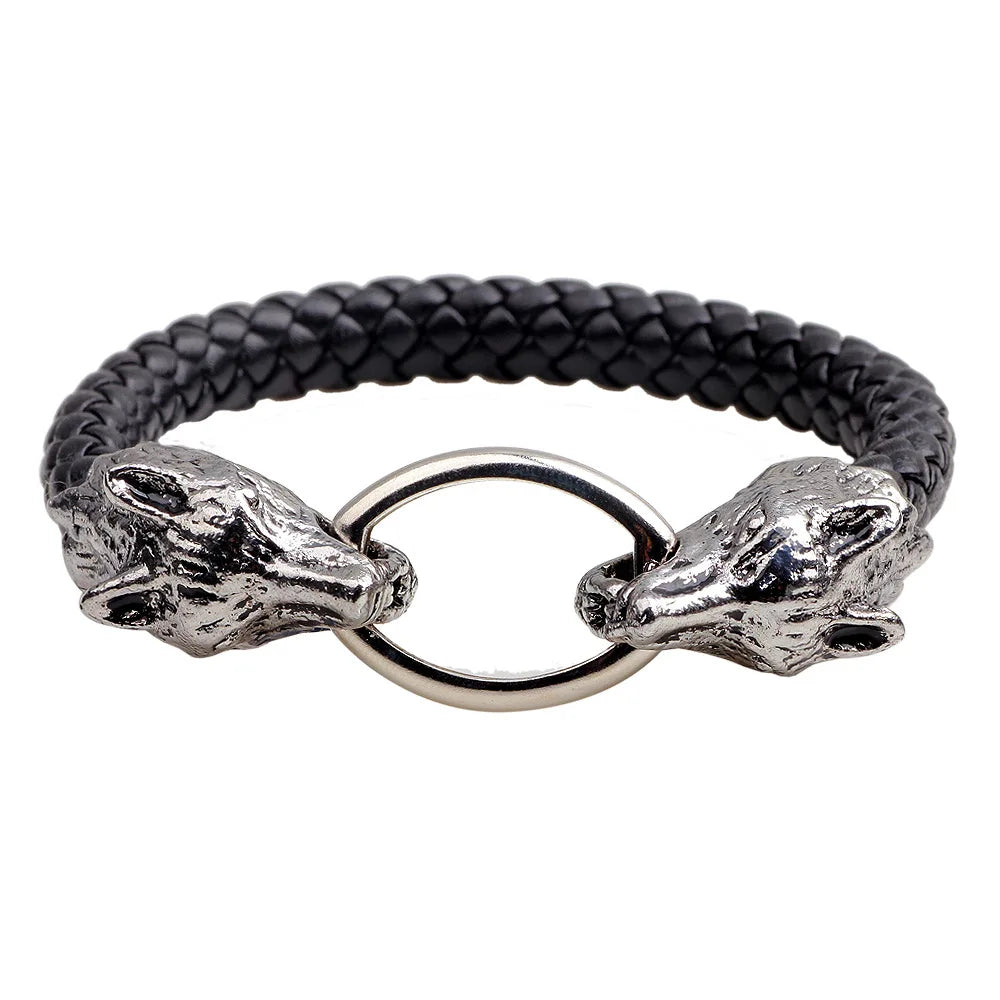 Classic Viking Wolf Leather Rope Chain Double Wolf Bite Bracelet for Men's Jewelry-Wedding Anniversary Party Gifts Black Zinc
