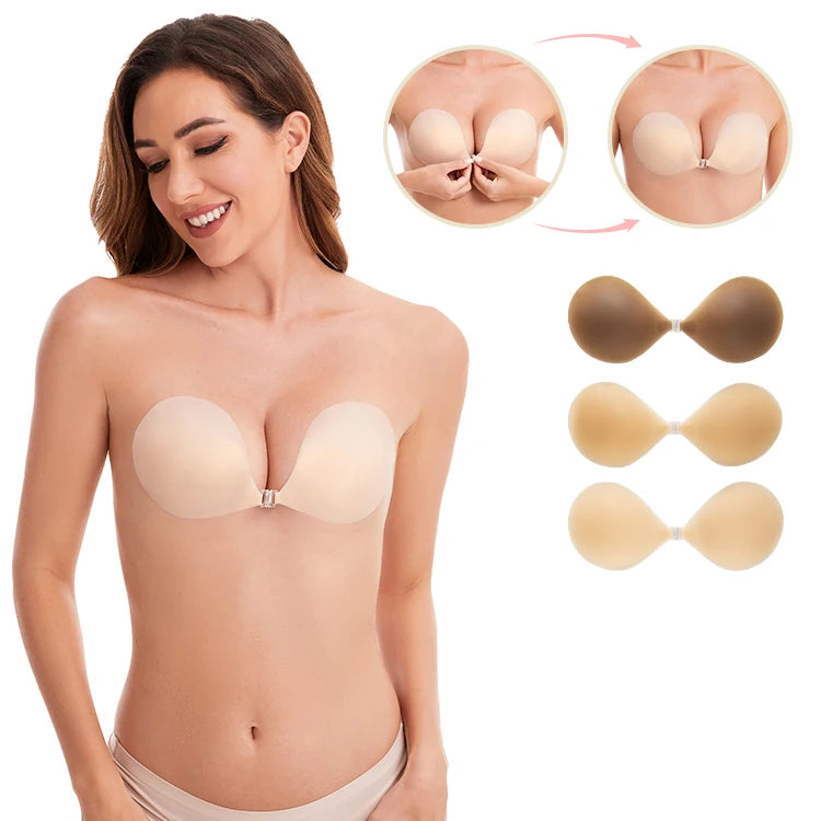 Super Thin Strapless Solid Matte Invisible Non Padded Front Closure Adhesive Silicone Women Bra