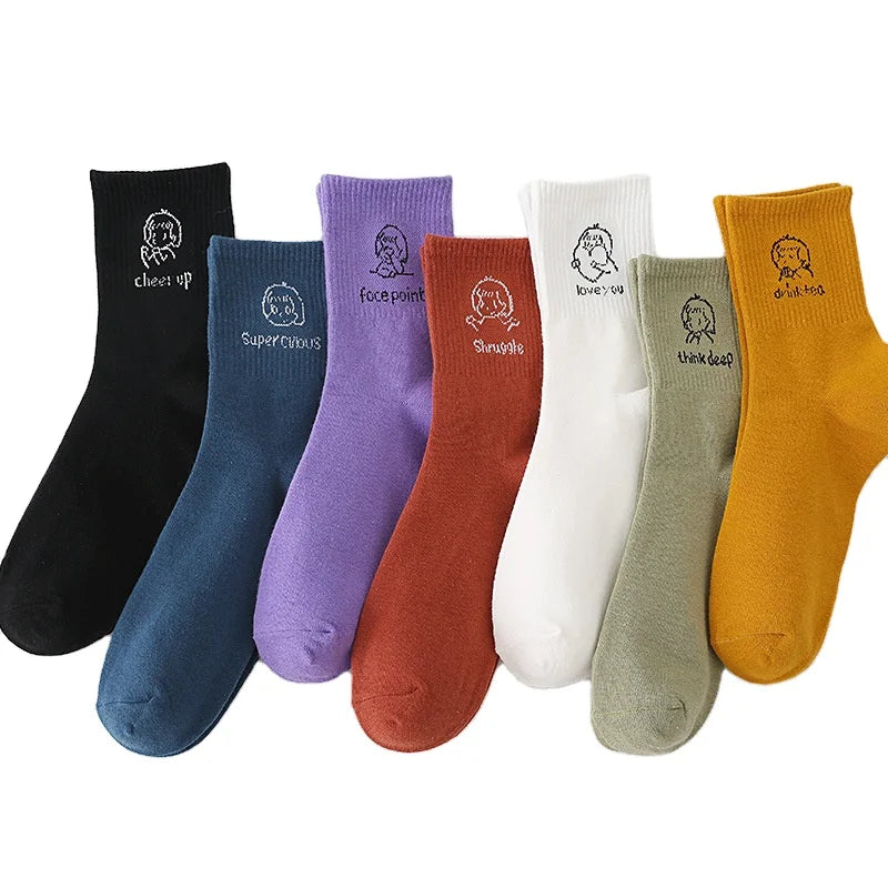 Women's Cotton Medium Tube Socks Cute Cartoon Portrait Spring Autumn Stockings Anti-Slip Thin Hot Stamping College Style Sports