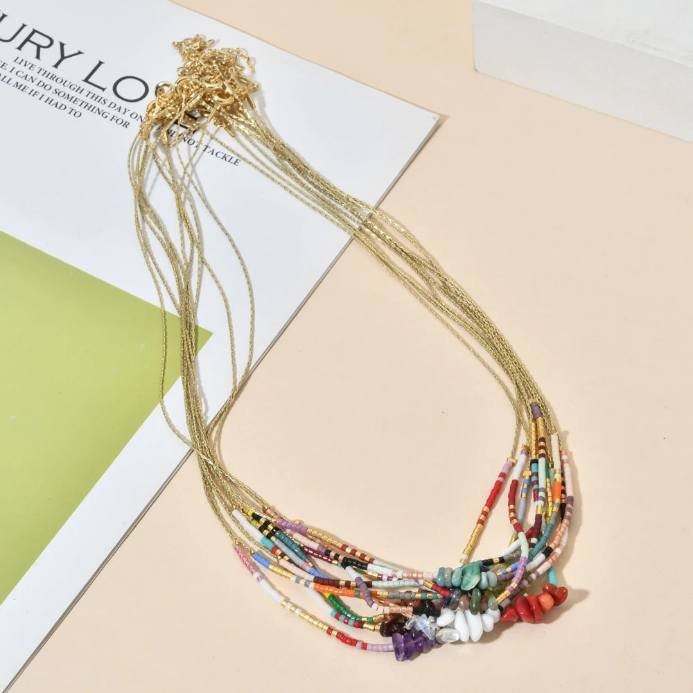 Colorful Female Beach Bohemia Handmade MIYUKI Bead Link Chain Necklace with Lucky Rubble Stone
