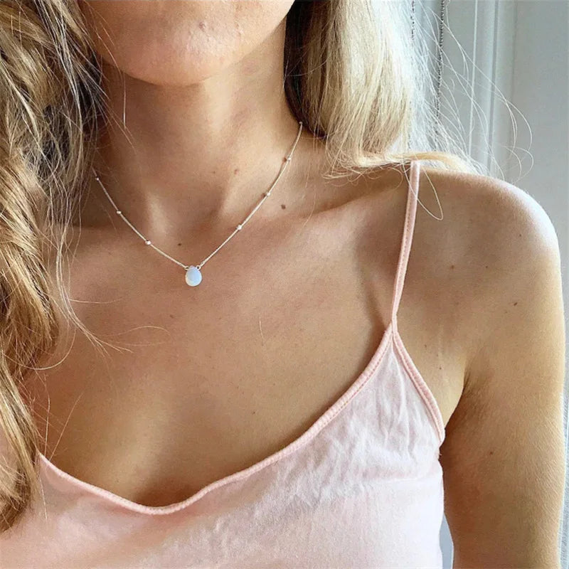 Zooying Moonstone Opal Beaded Teardrop 14k Gold Filled Saturn Chain Simple Gemstone Necklace Jewelry