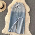Retro Irregular Ragged Edge Denim Skirt High Waisted Gradient Wrap Buttocks Mid Length Split A-line Skirt SML