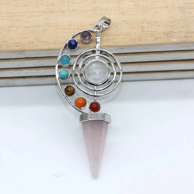 Hongzhuo Cone Shape Natural Stone Pendulum Crystal Yoga 7 Chakra Spiral Hexagonal Cone Pendant Rose Quartz Reiki Healing Pendulum Jewelry