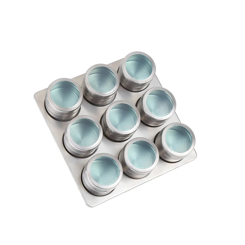 Hotel Restaurant Kitchen Stainless Steel Magnetic Spice Jar Set 9 PCS Seasonings Condiments Magnetic Tin Spice Jar with Rack