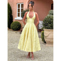 Wholesale French Retro Dresses Solid Color Vacation Style Dresses V Neck Halter Jacquard Waist Dresses