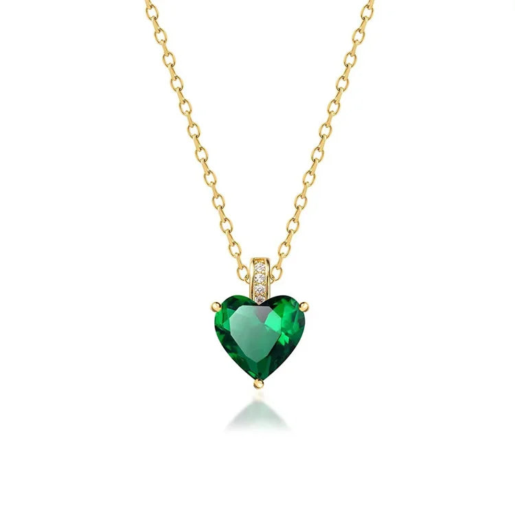 Hot Selling No Fade Titanium Steel Luxury Pendant Necklace Crystal Diamond Love Heart Emerald Necklace