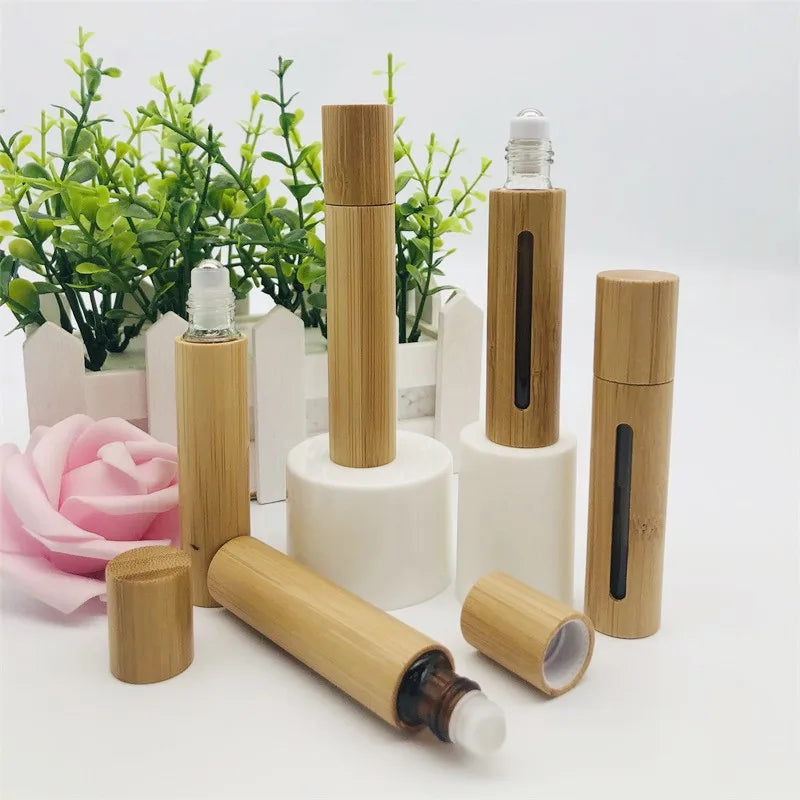 Wholesale 10ml 15ml  Roll on Glass Bottle Essential Oil Bamboo Roller Bottle for Skincare Bamboo Bottle