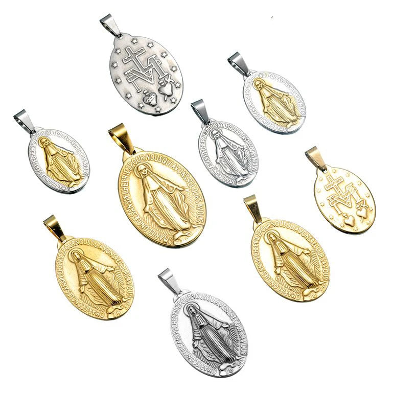 Catholic Religious Gold Silver Virgin Mary Pendant 4 Sizes Stainless Steel French Mary Madonna Medal Charm Portrait Pendant