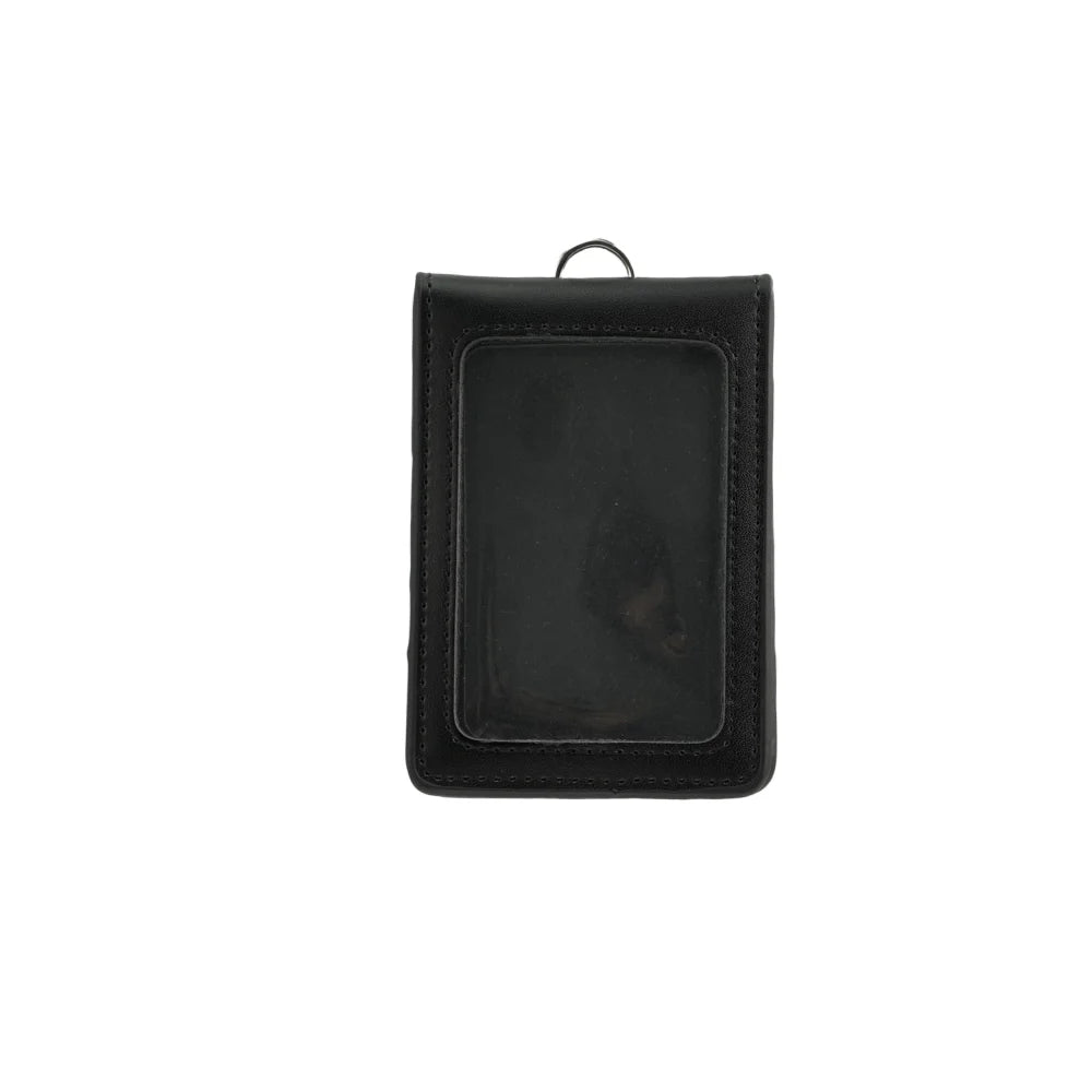 Bestom Men's Portable Business ID Card Holder Black Genuine Leather Foldable with Visual Windom for Men