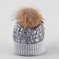 Big Fur Pom Pom Ball Classic Stripes Hat Warm Women Ladies Winter Down Cotton Knitted Beanie Hat Wholesale