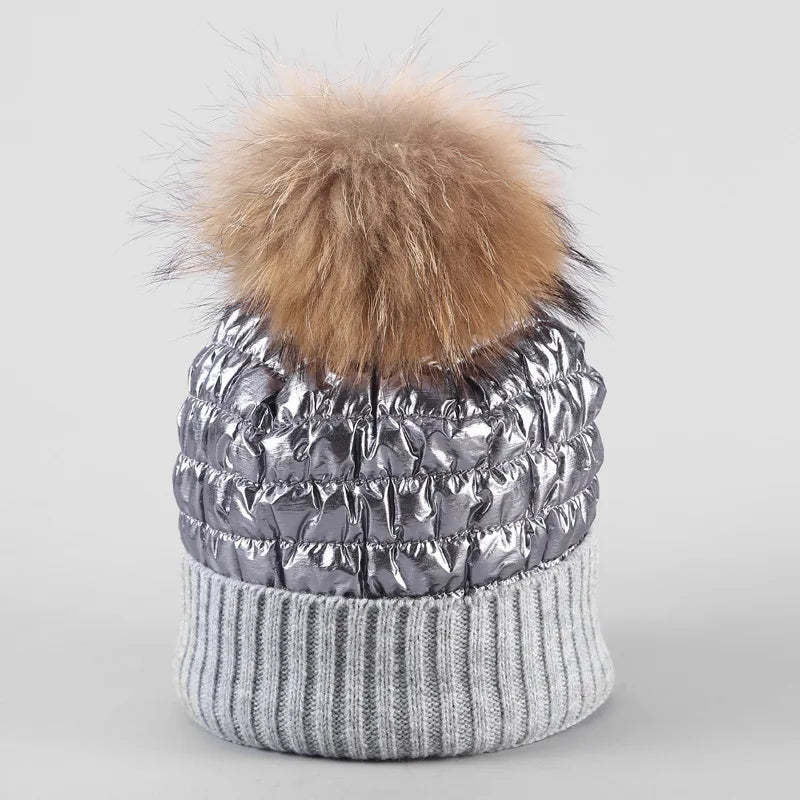 Big Fur Pom Pom Ball Classic Stripes Hat Warm Women Ladies Winter Down Cotton Knitted Beanie Hat Wholesale